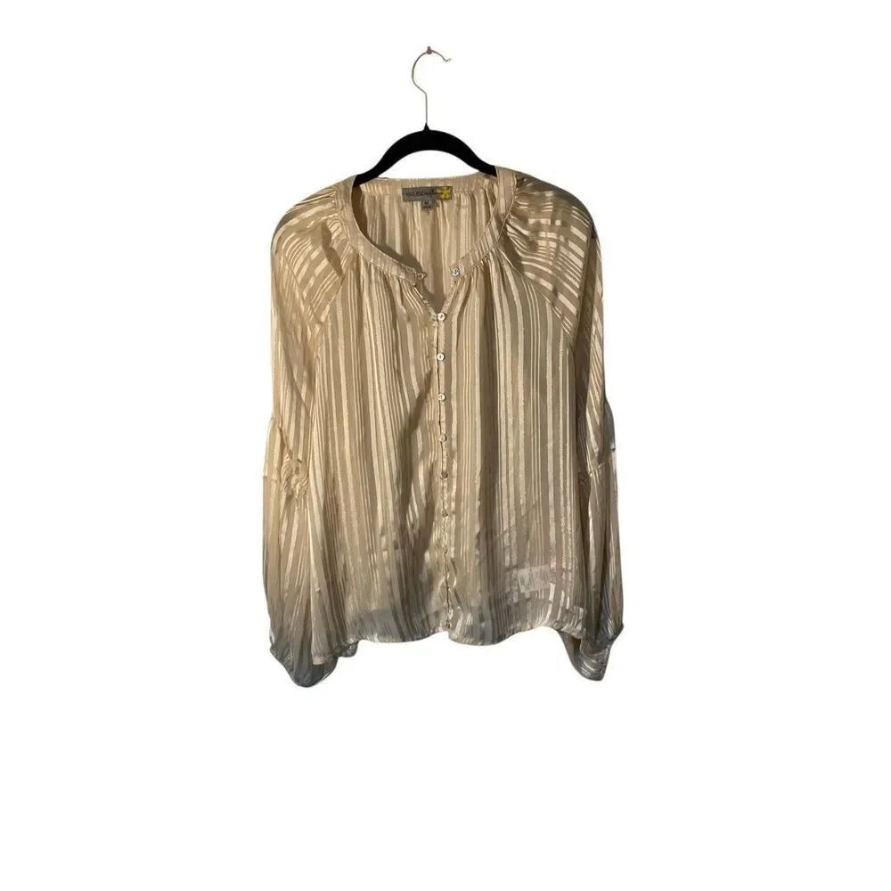 Figueroa & flower women’s ivory and gold, striped puffy sleeve blouse M